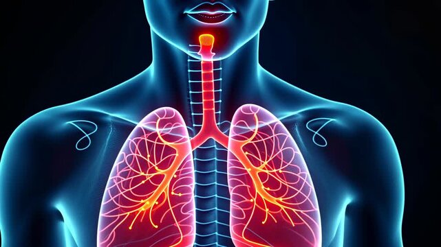 Lungs, respiratory health, pulmonary function. Air exchange. Alveoli expand during inhalation. Bronchi dilation enhances airflow. Pulmonary arteries distribute oxygenated blood. 3D medical render