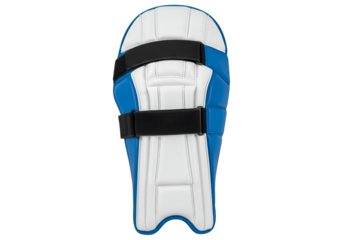 High-quality protective cricket leg guards with a striking blue and white color combination, featuring durable construction and padded support.