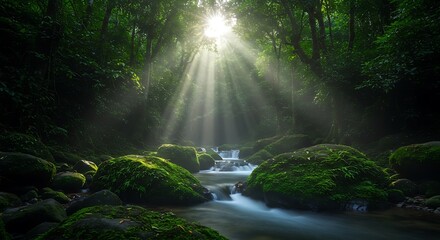 Radiant Sun Rays Illuminate A Tranquil Forest Stream Cascading Over Mossy Rocks In A Lush, Enchanting Jungle Landscape.