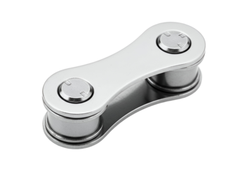 A polished, metallic bicycle chain link stands out against a black background.