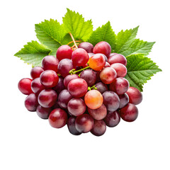 Fototapeta premium Bunch of red grapes with green leaves isolated on transparent background