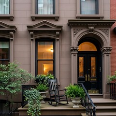 Historic brownstone facade with porch swing