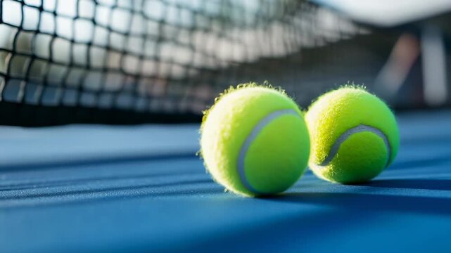 Two tennis balls resting on a blue court in the setting sun