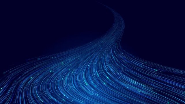 Elegant streams of glowing blue light flares swirl, visualizing data flow, fiber transmission, future speed. for movement, science, pulse, progress, wave energy, high-tech transfer of information.