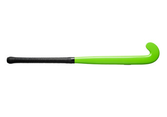 A vivid lime green hockey stick, with black grip, presented against a stark black background.