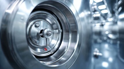 Closeup of a gleaming stainless steel valve on an industrial tank in a sterile laboratory with polished pipes and bright lighting emphasizing precision and durability