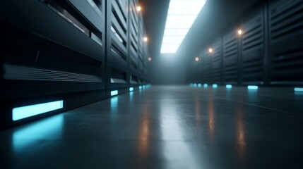 Closeup of sleek data server racks with blinking blue led lights in a dark, modern server room emphasizing advanced technology and cooling environment with copy space on the side