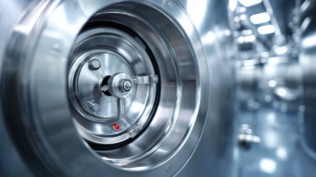 Closeup of a gleaming stainless steel valve on an industrial tank in a sterile laboratory with polished pipes and bright lighting emphasizing precision and durability