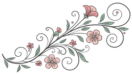 Floral design with pink blossoms and green leaves on a swirling branch decoration element art piece