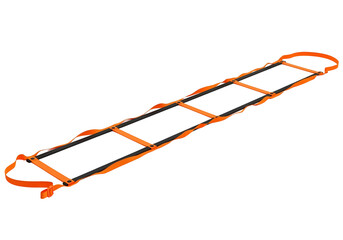 A  sport training ladder with orange straps, presented against a pure black background.