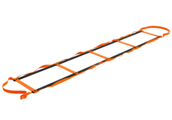 A  sport training ladder with orange straps, presented against a pure black background.