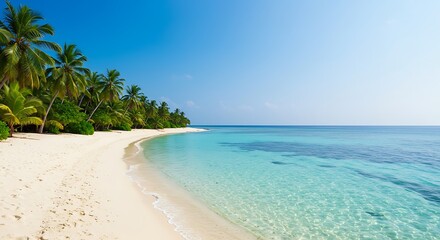 Fototapeta premium A Stunning Tropical Beach Paradise Featuring White Sandy Shores, Lush Palm Trees, And Crystal Clear Turquoise Ocean Waters Under A Bright Blue Sky.