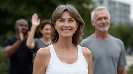 Obraz premium A senior group cheering after a workout in a park, senior fitness, group exercise, outdoor workout, healthy aging, joyful moment