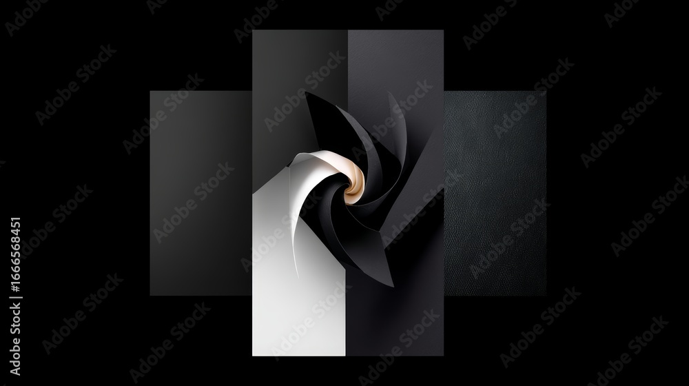Poster hypnotic black and white spiral pattern with overlapping layers and textured backgrounds in a dynami