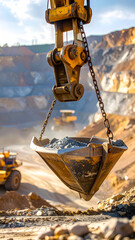 Large excavator with a bucket attachment over an open pit coal mine, a scene of heavy industry.