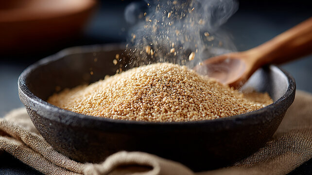 Steaming quinoa in a rustic bowl with a wooden spoon. - Powered by Adobe