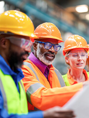 Three construction workers in hard hats and vests review plans together in a bright, industrial environment.