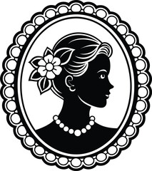 Cameo silhouette vector on white background. cameo frame with floral accents. beautiful woman's head in a round frame on white background. 
