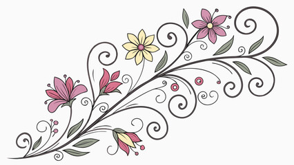 Floral branch with pink and yellow flowers leaves and decorative swirls on a white background image