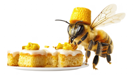 Bee with a honeycomb hat enjoys dessert on a white plate in an transparent setting