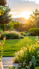 Obraz premium Peaceful Garden Scene with Golden Light at Sunset