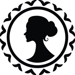 Cameo silhouette vector on white background. cameo frame with floral accents. beautiful woman's head in a round frame on white background. 