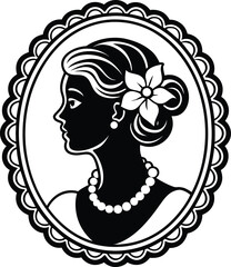 Cameo silhouette vector on white background. cameo frame with floral accents. beautiful woman's head in a round frame on white background. 