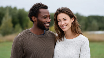 Obraz premium A romantic multiethnic couple sharing a warm moment, couple bonding, diverse love, romantic moment, emotional connection, heartfelt love