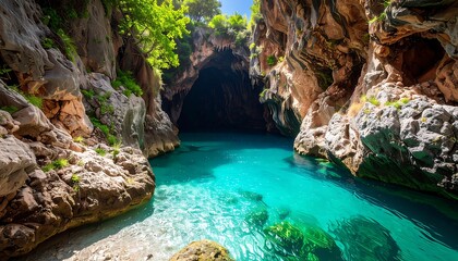 Naklejka premium Azure Cave Entrance, Crystal-Clear Water, Rocky Shore.