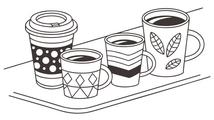 Line art illustration of four coffee mugs with different patterns on a tray on a white background