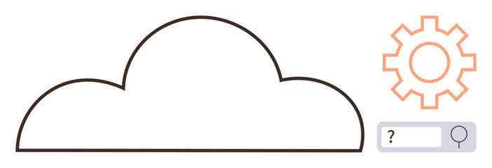 Cloud outline paired with an orange gear and search bar indicates connectivity, customization, and data retrieval. Ideal for technology, innovation, storage, customization, search, efficiency simple