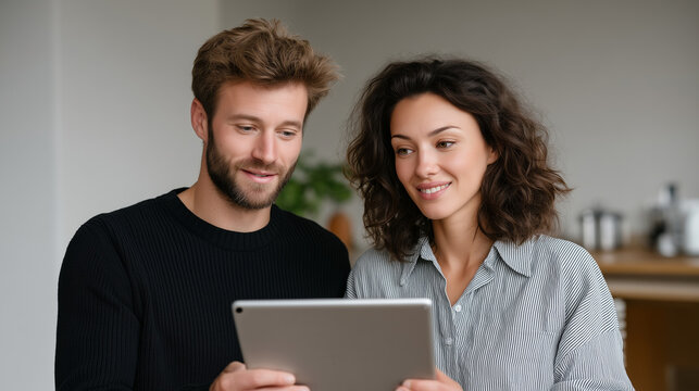 A multiethnic couple making an online purchase with a digital tablet, online shopping, couple collaboration, digital lifestyle, modern couple, e-commerce