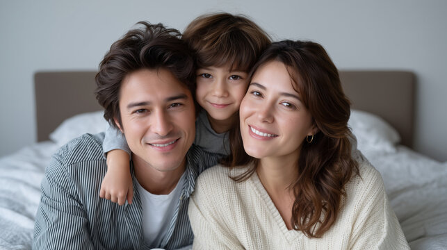 A happy Hispanic family playing together on a bed, family bonding, joyful family, home warmth, parent-child, playful moment