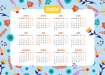 Calendrier 2026 tous les mois de l'ann&eacute;e sur un fond fleuri et color&eacute;