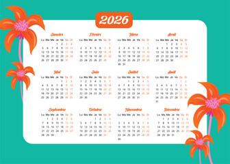 Calendrier ann&eacute;e 2026 d&eacute;cor&eacute; avec des fleurs hawa&iuml;ennes