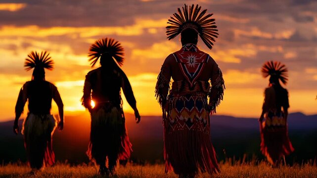 Native american dancers walking at sunset