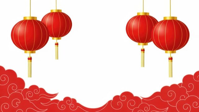 Four traditional red chinese lanterns with golden tassels hang against a white background, adorned with red cloud patterns at the bottom, evoking a festive atmosphere