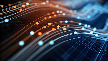 Dynamic abstract network of glowing lines and nodes creates a vibrant futuristic data flow visualization
