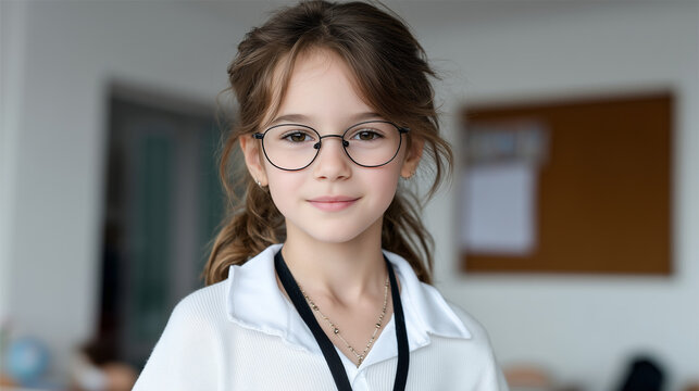 A clever little girl wearing spectacles with a confident smile, young scholar, student portrait, education enthusiasm, classroom joy, child intelligence