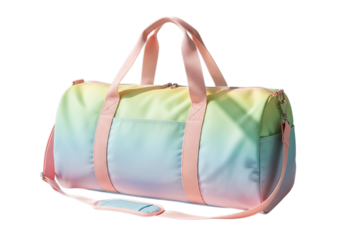 Colorful duffel bag with pink straps and a shoulder strap isolated on transparent background