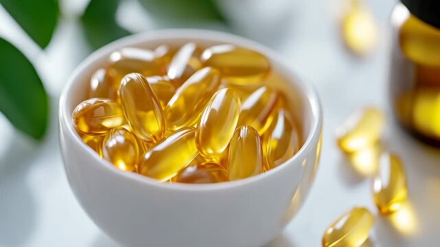 Golden omega-3 fish oil capsules in a bowl with green leaves - Powered by Adobe