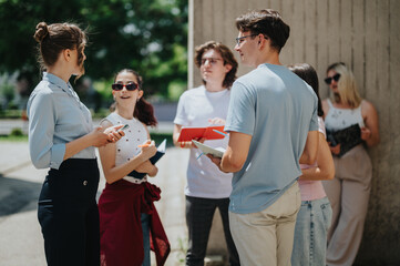 Young students with a professor interacting and working on academic tasks outdoors, representing education, team collaboration, and outdoor study activities in an engaging and supportive setting.