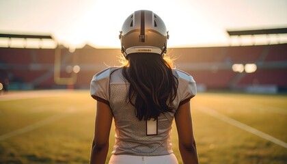 Back view of a female football player wearing a helmet and jersey, standing on a field facing a stadium at sunset.