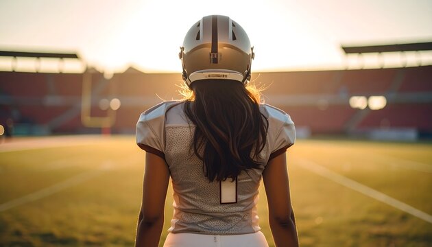 Back view of a female football player wearing a helmet and jersey, standing on a field facing a stadium at sunset.