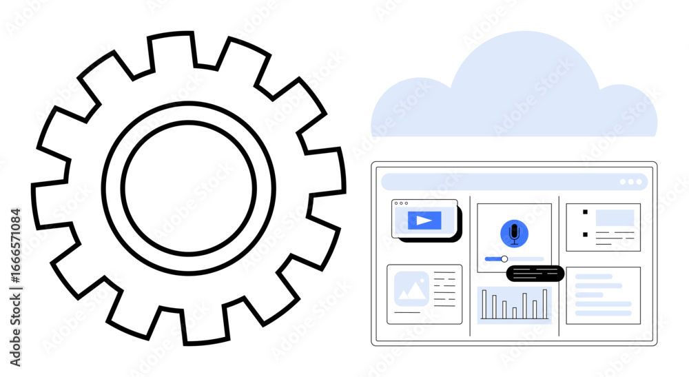 Fototapete gear symbol for system processes, cloud for data storage, and a dashboard showing analytics and medi