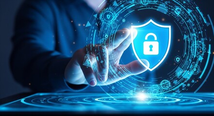 A persons finger touching a glowing digital shield with a padlock icon, representing cybersecurity and data protection within a secure network system