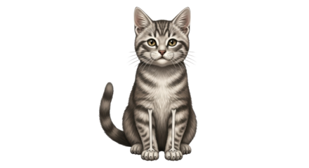 Isolated Sitting Grey Tabby Cat with Skeleton Overlay