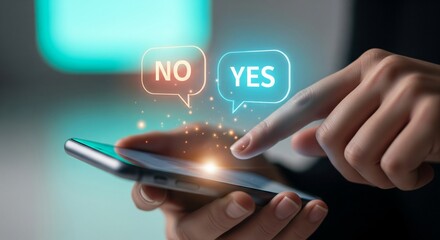 Person using a smartphone to make a choice between yes or no, with glowing speech bubbles indicating the options