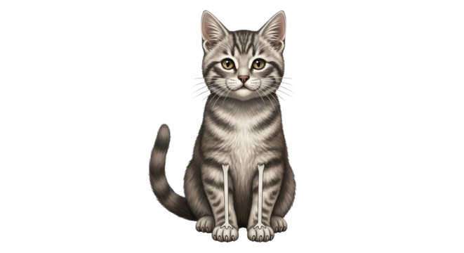 Isolated Sitting Grey Tabby Cat with Skeleton Overlay
