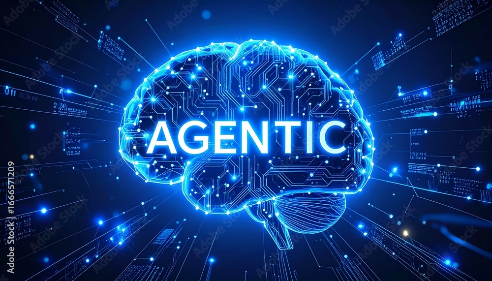 Poster futuristic glowing ai brain with neon blue circuits and holographic data streams on dark tech backgr